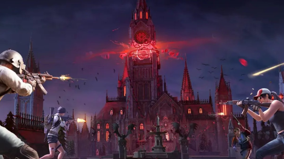 PUBG mobile players firing their weapon in front of a spooky red castle in update 3.4