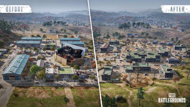 Taego's Studio POI transformed into Hospital in PUBG with the image showing before and after for the area