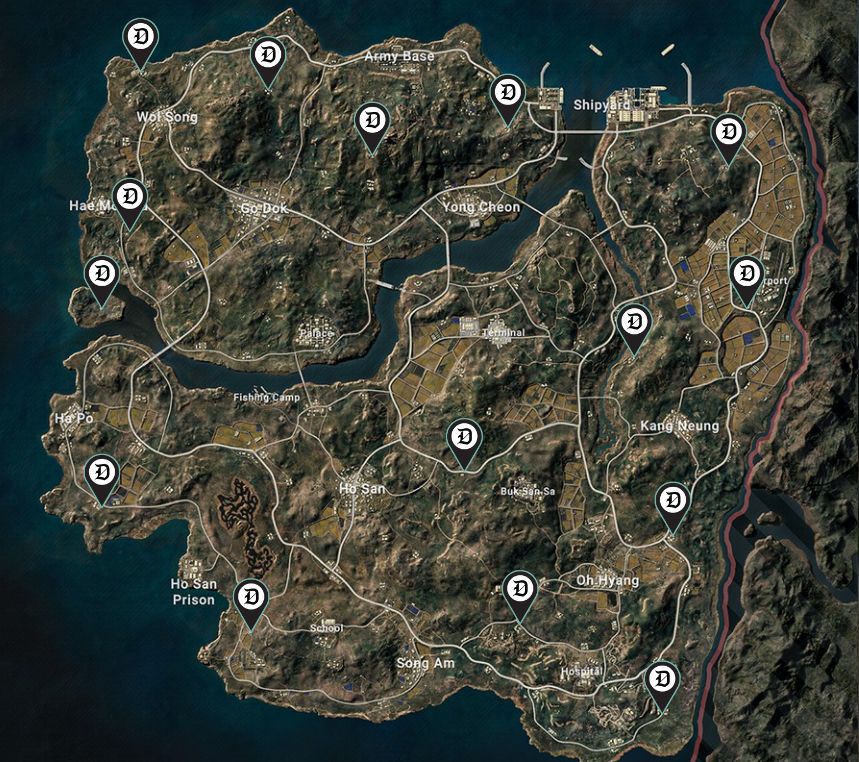 Taego map in PUBG with 15 pins marked to show the Secret Rooms' locations