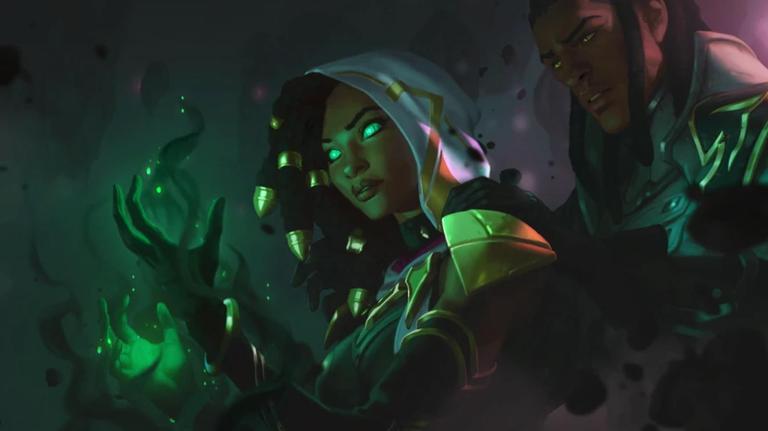 Senna's hands disappear in a green mist while Lucian watches on worried over her shoulder in the League of Legends realm the Shadow Isles.