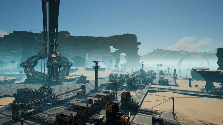 satisfactory screenshot starter factory in rocky desert with space elevator in the background