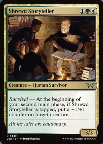 Elderly man sitting in chari with book and glasses talking to yonger boys squating and sitting near fire in MTG Duskmourn set