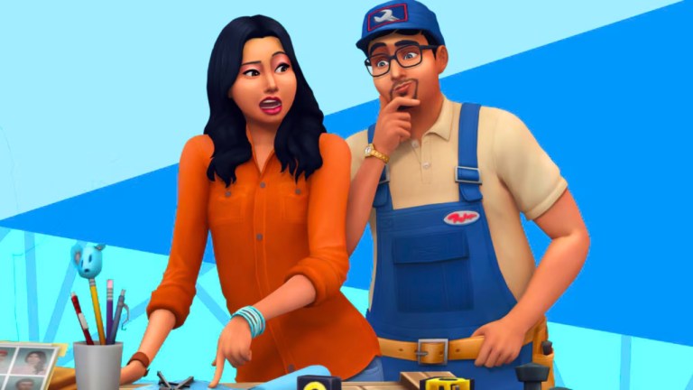 A woman and man standing next to a work bench in the Sims