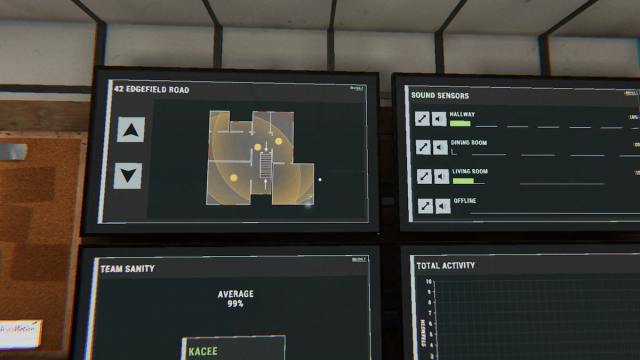 Three sound sensors at 42 Edgefield Road being viewed on a screen in the truck in Phasmophobia.