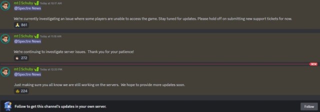 Spectre Divide's new channel with server status updates by a community staff member