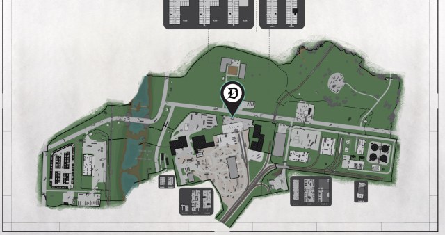 A map of Customs in Escape from Tarkov with a quest location marked by a Dot Esports marker.