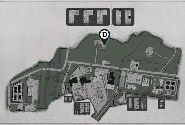 A map of Customs, a destination in Escape from Tarkov, with a quest objective marked with the Dot Esports logo pin.