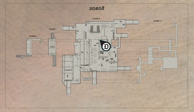 A floor plan of the Factory map in Escape from Tarkov with a quest marker pointing to an objective.