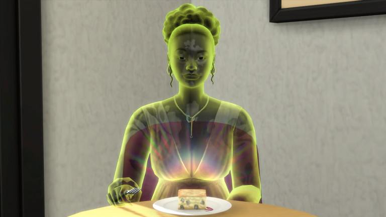 A Ghost Sim eating Ambrosia in The Sims 4.