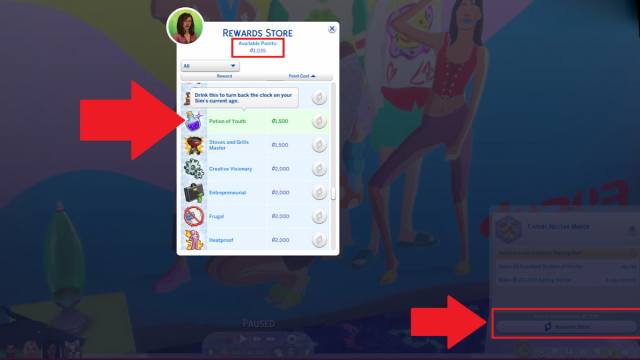 The Potion of Youth marked in the Rewards Store in The Sims 4.