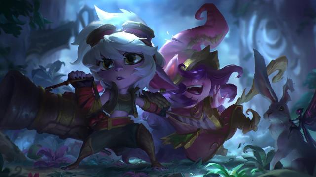 League of Legends Yordle characters Tristana and Lulu explore a mystical jungle in Legends of Runeterra