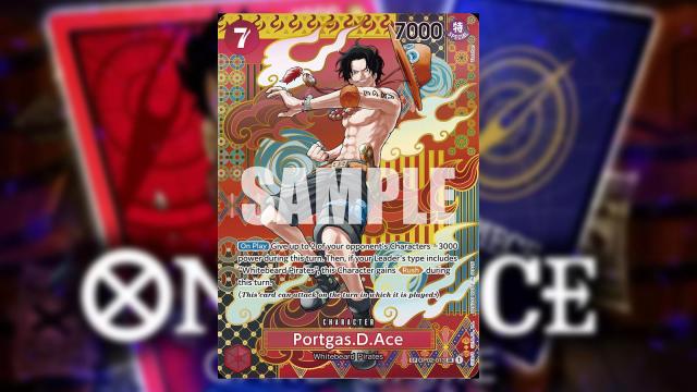 Portgas D. Ace from One Piece appears on a Red Treasure Character card from the Bandai card game.