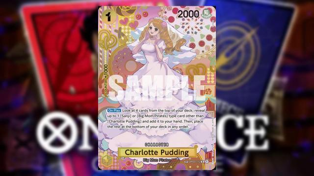 Charlotte Pudding from One Piece appears on a Yellow Treasure Character card from the Bandai card game.