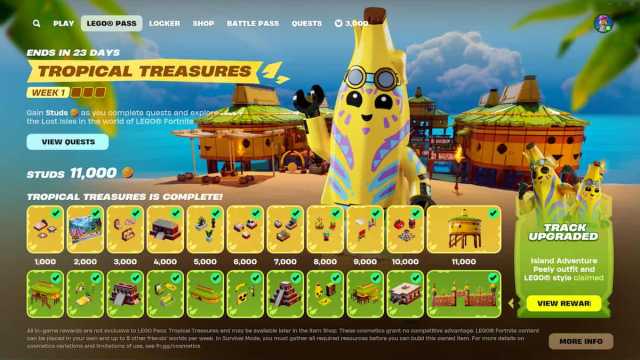 The Tropical Treasures Pass page with all the rewards in Lego Fortnite.