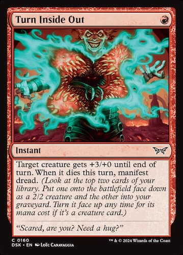 A clown monster with belly that opens into teeth and another creature inside with red eyes while spewing blue magic out in MTG Duskmourn set