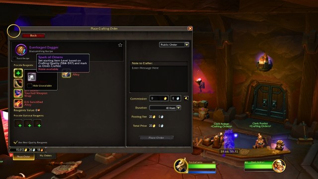 A player on the placing a crafting order using a spark of omen page in wow the war within