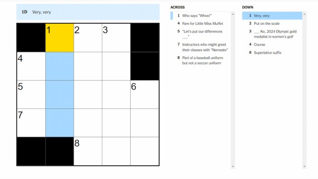 The Very, very clue on the NYT Mini Crossword.