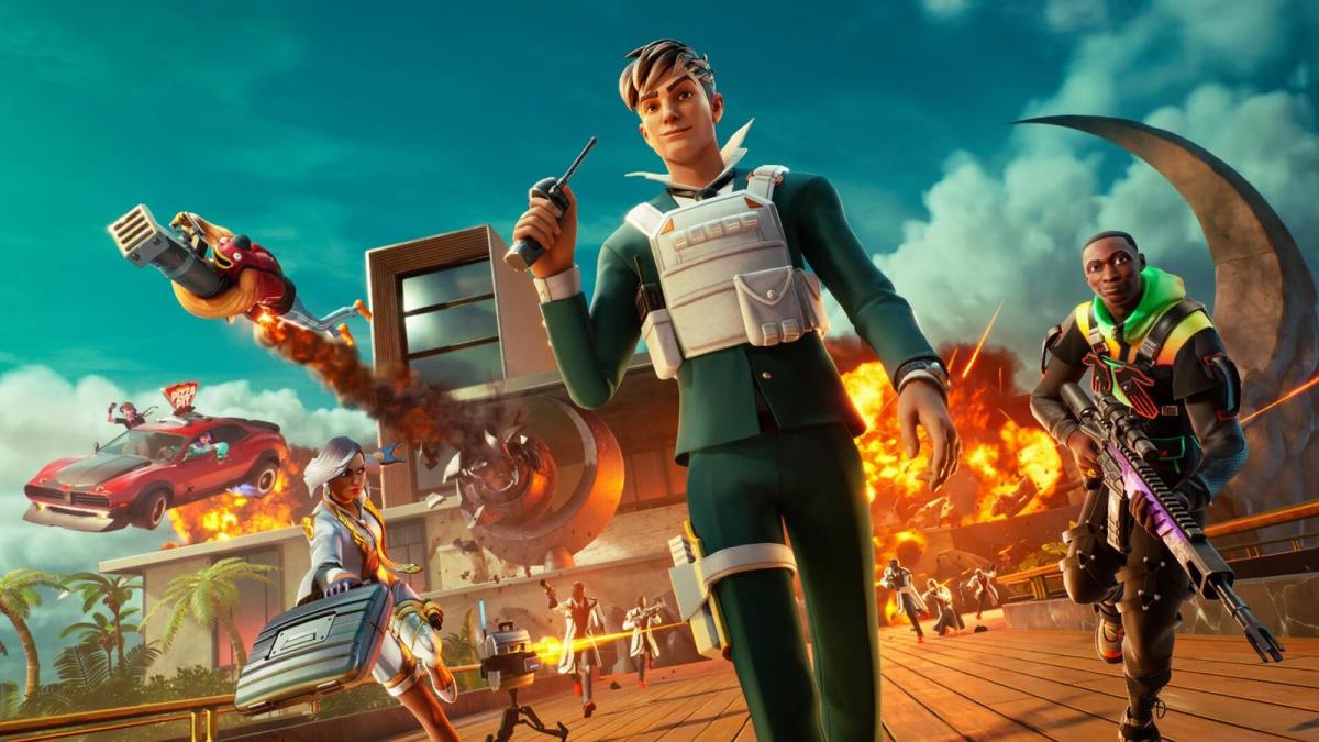 Several Fortnite characters including Khaby Lame walk away from a huge explosion in the middle of the Epic Games battle royale.