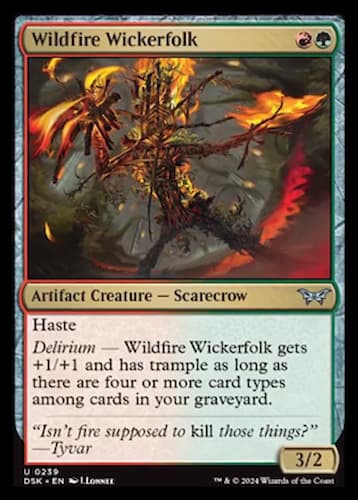 Scarecrow Artifact creature with flames emerging from it and surrounding it through MTG Duskmourn set