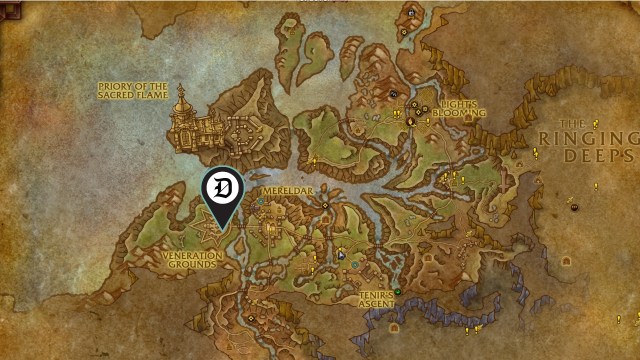 A Dot Esports marker showing the location of the wow the war within Arathi Herb Pruner