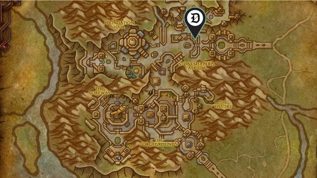 A Dot Esports marker showing the location of the wow the war within Dornogal Gardening Scythe