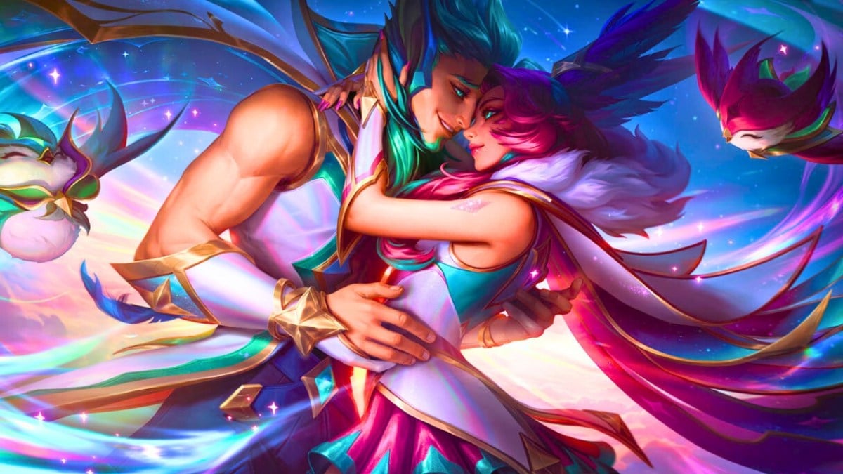 Xayah and Rakan holding each other while in the redeemed star guardian skins in League