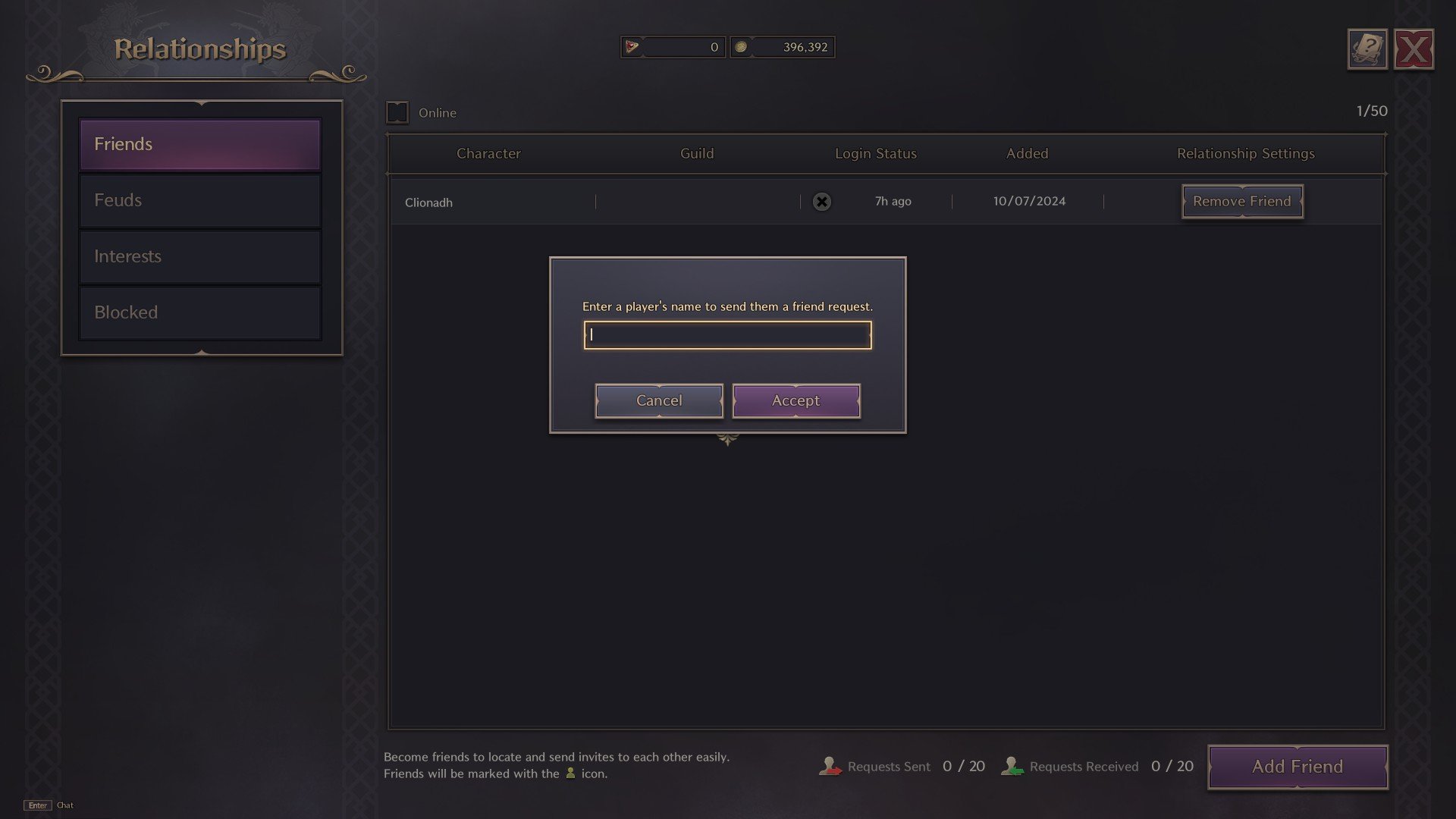 A game UI showing a window to enter a player's name for a friend request. Menu for adding friends in Throne and Liberty.