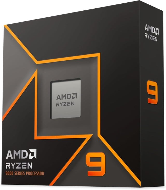 3/4 front view of the AMD Ryzen 9 9950X product box. More details below.