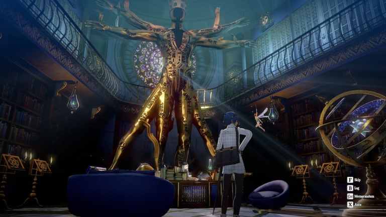 The Protagonist and Gallica inside Akadeimia in Metaphor: ReFantazio. A huge gilded statue inspired by Da Vinci's Vitruvian Man is in the center of the image.