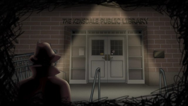 An illustrative shot of the Kensdale Public Library front door with the masked stranger approaching it on the left