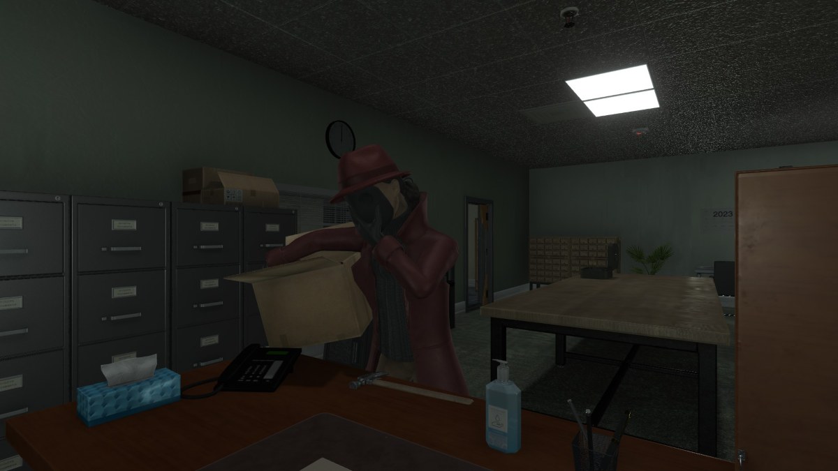 The masked figure holding their mask while carrying a box of tapes in Kate's office