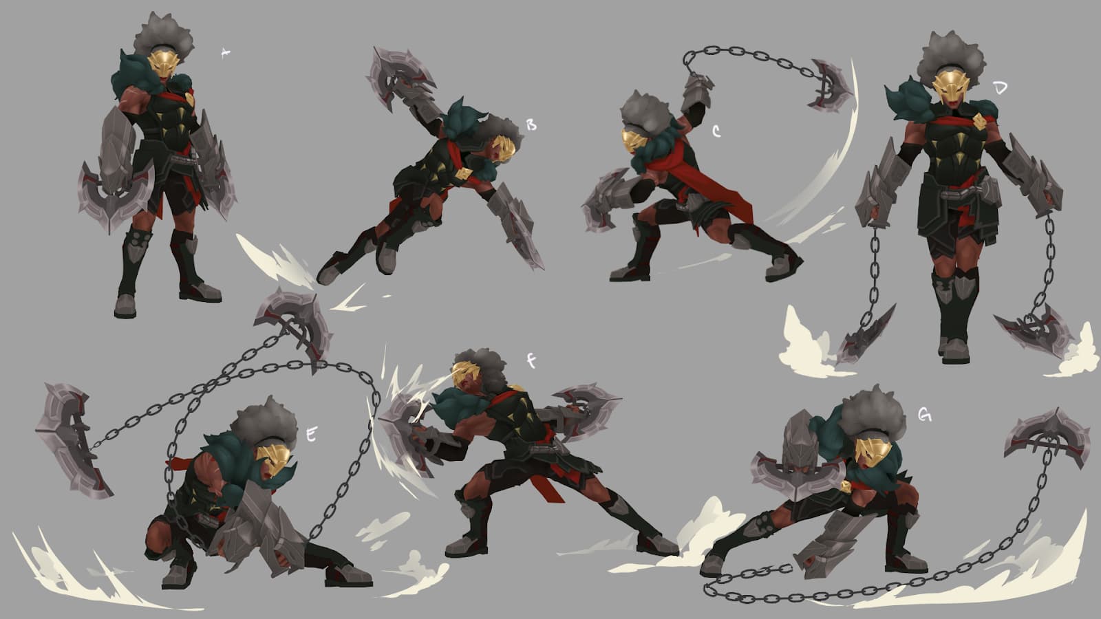 Concept art of Ambessa, featuring various attacks using dual chain blades.