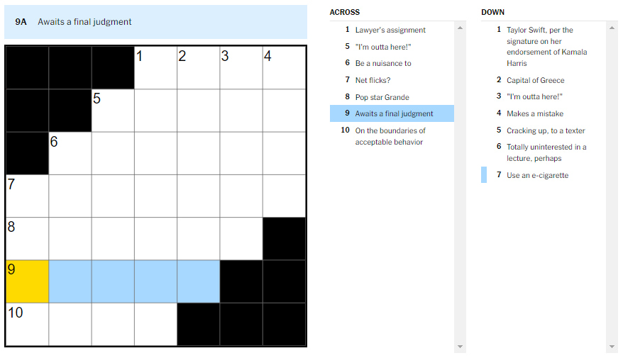 Picture showing the awaits a final judgment clue in NYT Mini Crossword.