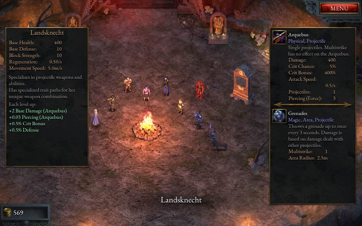 Character selection screen showcasing the Landsknecht in Halls of Torment