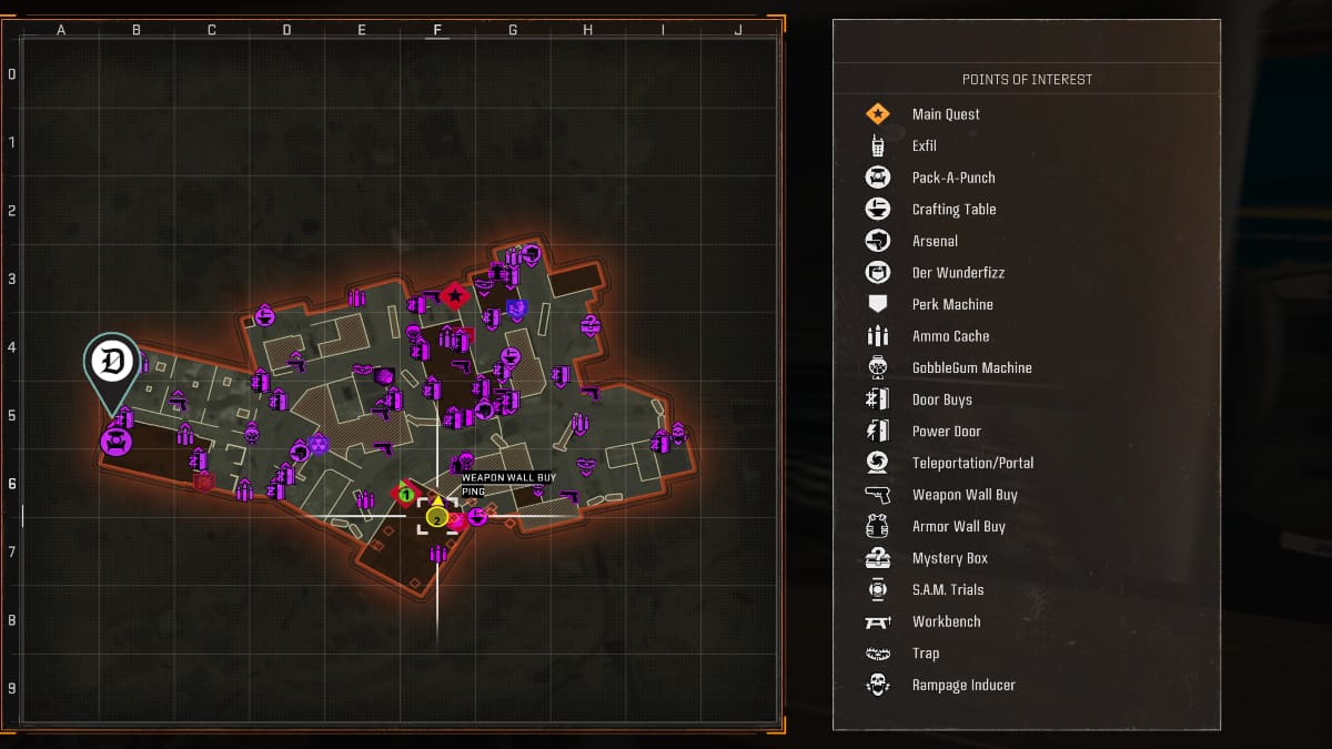 A screenshot of the Liberty Falls Zombies map in Black Ops 6 with the Pack-a-Punch location marked.