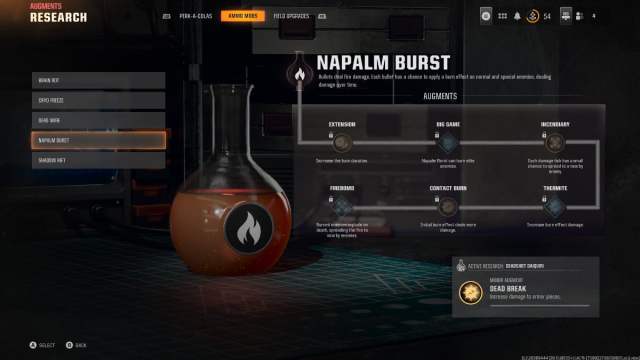 A screenshot showing an overview of the Napalm Burst Ammo Mod and Augments.