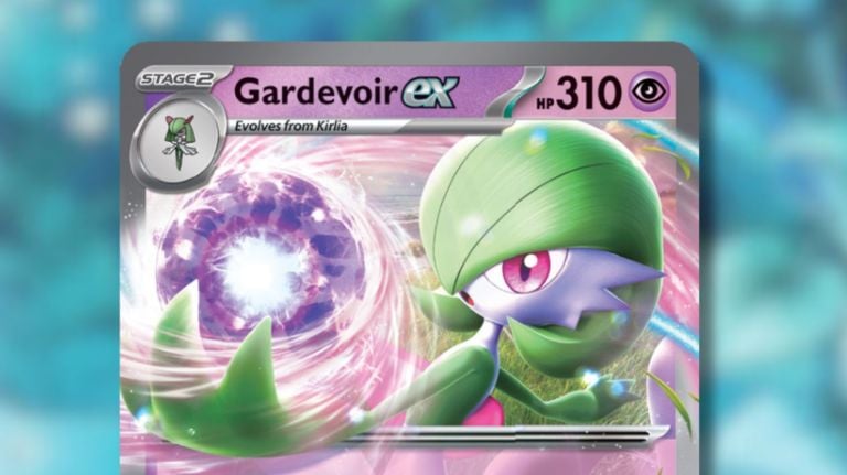 Gardevoir ex Pokémon card with blurred floral background.