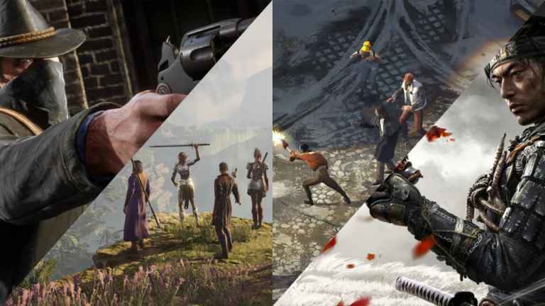 A split image that includes four of the best RPG games you can purchase on PC, including Red Dead Redemption 2, Baldur's Gate 3, Disco Elysium, and Ghost of Tsushima.