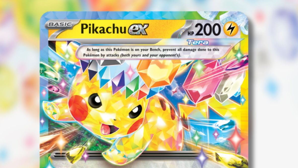 Pikachu Pokémon card with rainbow background.