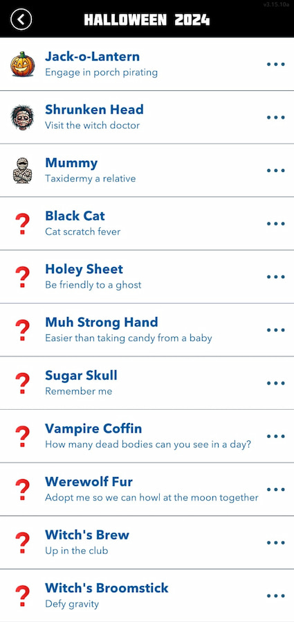 Picture showing all the clues for the Halloween Scavenger Hunt in BitLife.