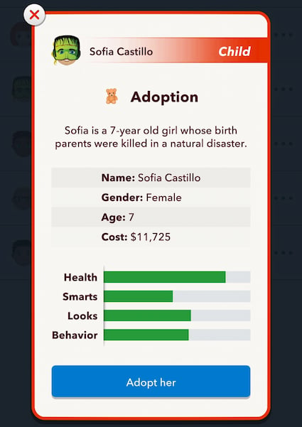 Picture showing a profile of a child looking to get adopted in Bitlife.