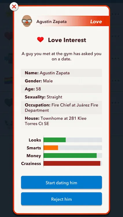 Picture showing a male with high craziness attribute in Bitlife.