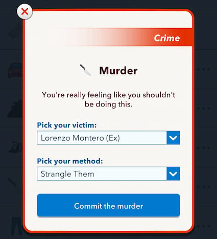 Picture showing the Strangle method of murdering the ex-husband in Bitlife.