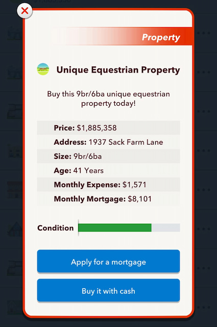 Picture showing the unique equestrian ranch listing in Save a Horse challenge in Bitlife.