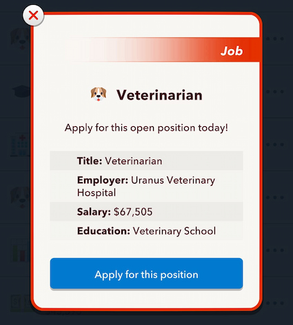 Picture showing the Veterinarian job listing in Save a Horse challenge in Bitlife.