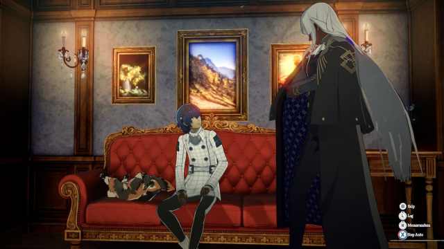 A fluffy dog sits on a red couch while a blue-haired protagonist and a white-haired, elegantly dressed Brigitta Lycaon talk about the animal.