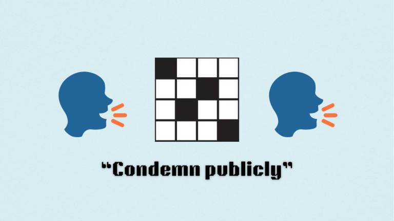 A blank crossword puzzle between two shouting emojis.