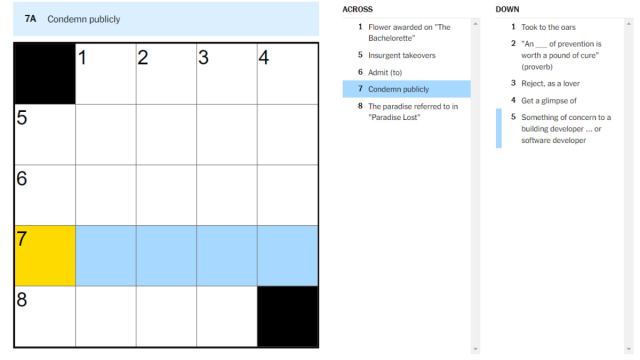 An image of the NYT Mini Crossword showing the 'Condemn publicly' clue.