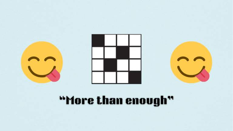 A blank crossword between two emojis of a satisfied face, above a clue.