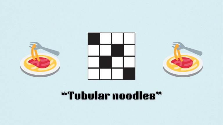 A blank crossword puzzle between two spaghetti emojis, above a clue.